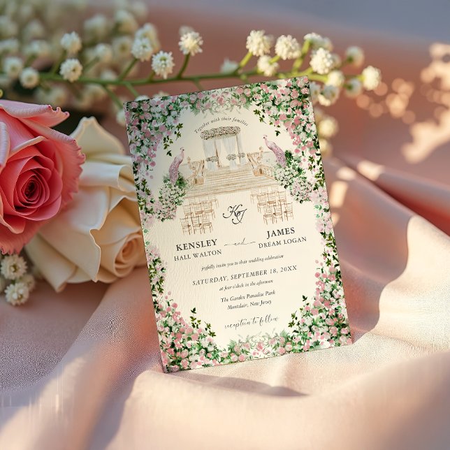 Convites Casamento no Jardim com Rosa Elegante e Monograma (Criador carregado)