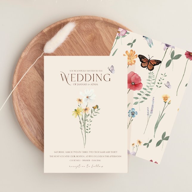Convites Casamento no Jardim de Borboletas com Flores Silve (Whimsical Daisy Yellow Wildflowers Wedding Invitation)