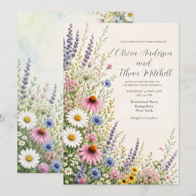 Convites Casamento no Jardim de Flores Silvestres de Verão (Frente/Verso)