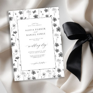 Convites Casamento no jardim de flores silvestres preto e b