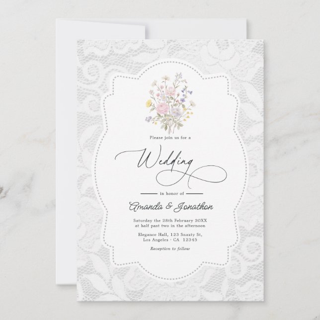 Convites Casamento no Jardim de Flores Silvestres Romântico (Frente)