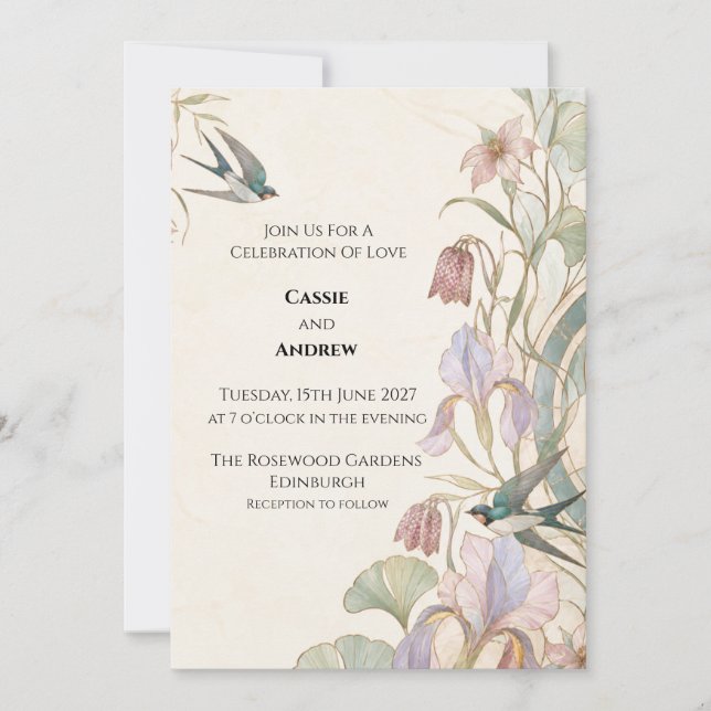 Convites Casamento no Jardim de Íris com Estilo Art Nouveau (Frente)