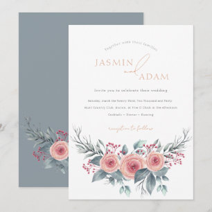 Convites Casamento no Jardim de Rosas Azul Empoeirado Elega