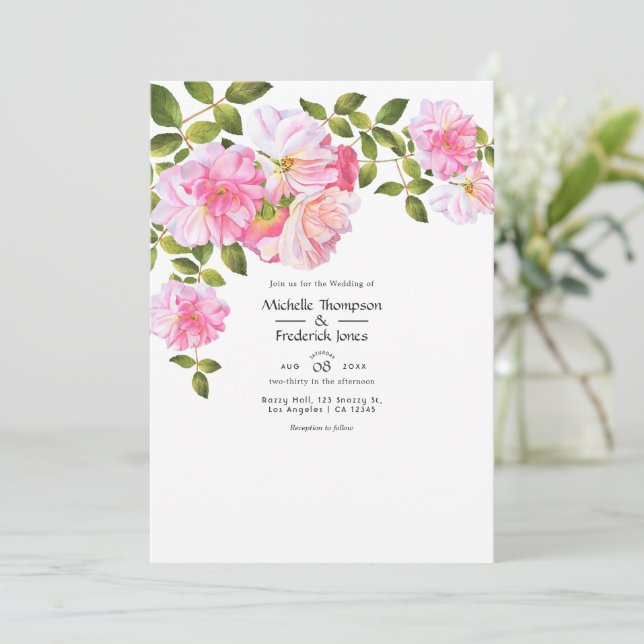 Convites Casamento no Jardim de Rosas Rosa (Em pé/Frente)