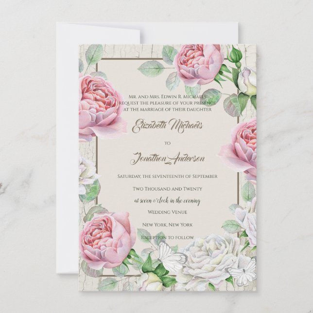Convites Casamento no Jardim de Rosas Rosa (Frente)