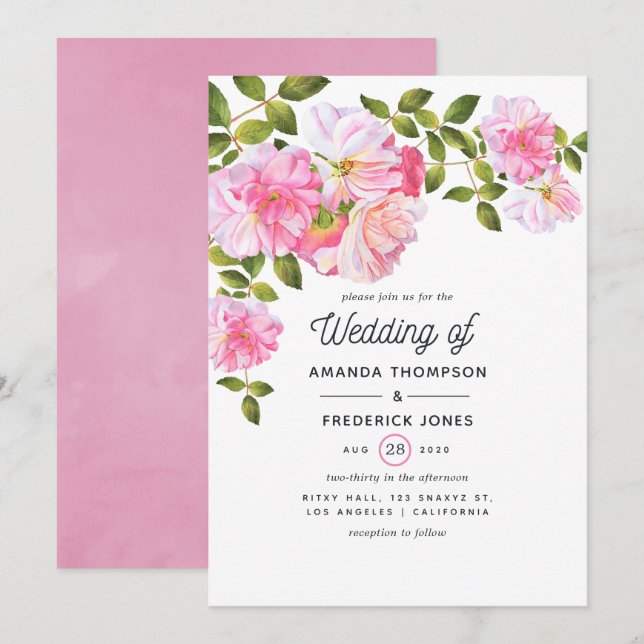 Convites Casamento no Jardim de Rosas Rosa (Frente/Verso)