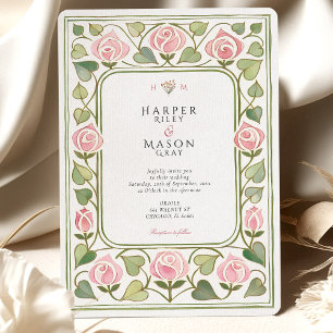 Convites Casamento no Jardim de Rosas Rosa Art Nouveau Eleg