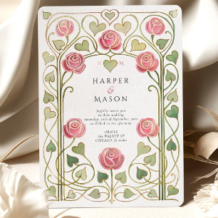Convites Casamento no Jardim de Rosas Rosa Art Nouveau Eleg