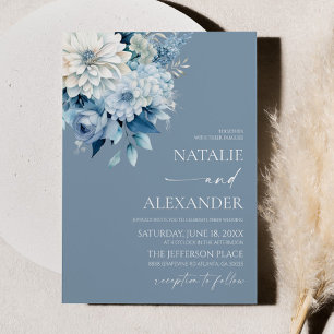 Convites Casamento no Jardim Floral Branco Azul Empoeirado