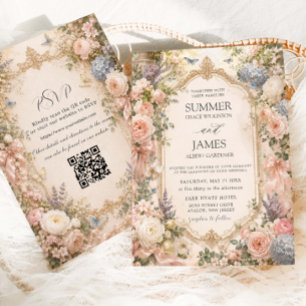 Convites Casamento no Jardim Floral Inglês Regência QR RSVP