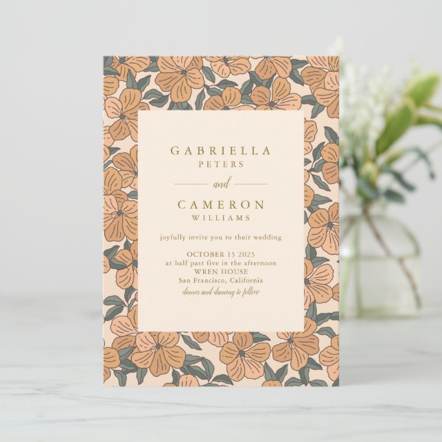 Convites Casamento no Jardim Floral Neutros Boho Moderno (Em pé/Frente)