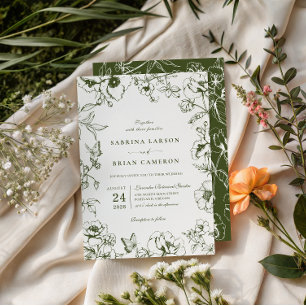 Convites Casamento no Jardim Floral Verde Oliva Elegante