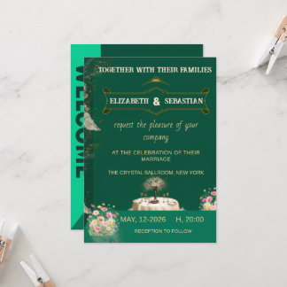 Convites Casamento no Jardim Floral Vintage Verde Esmeralda