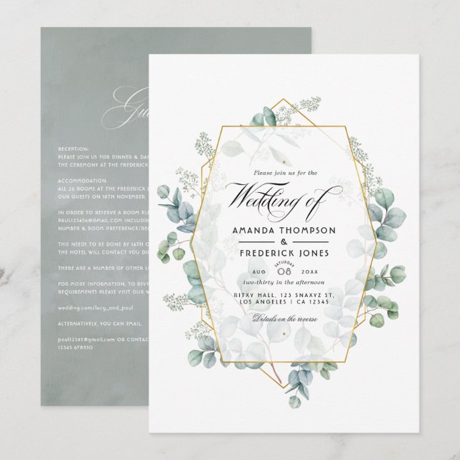 Convites Casamento no Jardim Geométrico de Eucalipto (Frente/Verso)