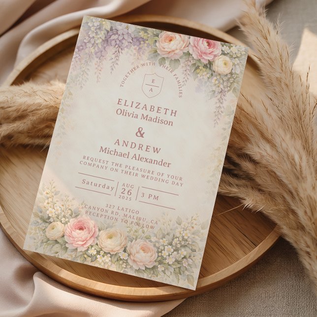 Convites Casamento no Jardim Rosa Wisteria Blush (Criador carregado)