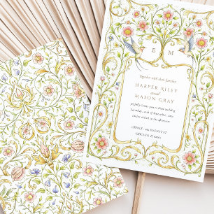Convites Casamento no Jardim Vitoriano com Flores e Pássaro