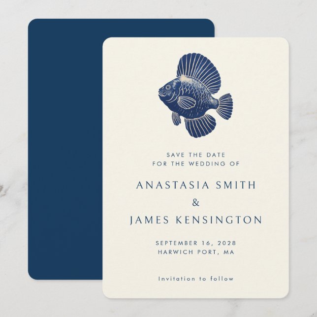 Convites Casamento no Oceano Na moda de Peixes Azuis Náutic (Frente/Verso)
