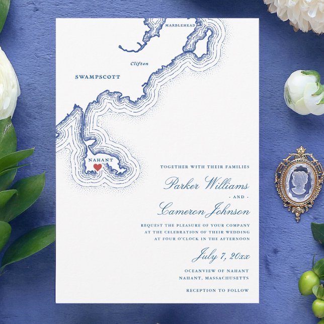 Convites Casamento no Oceanview de Nahant Mapa do Casamento (Nahant MA Map Wedding Invitation for an elegant Navy Blue New England destination wedding)