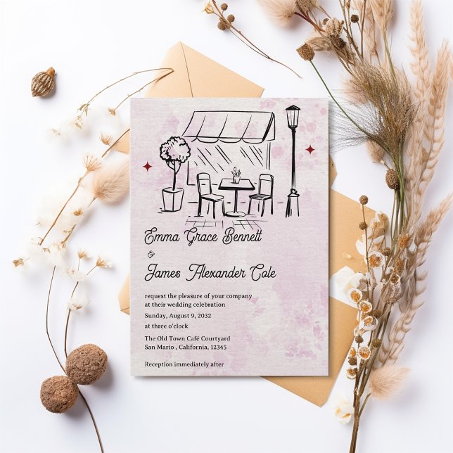 Convites Casamento no Pátio do Café Bistrô Desenhado à Mão (Hand-Drawn Bistro Café Courtyard Wedding Invitation)