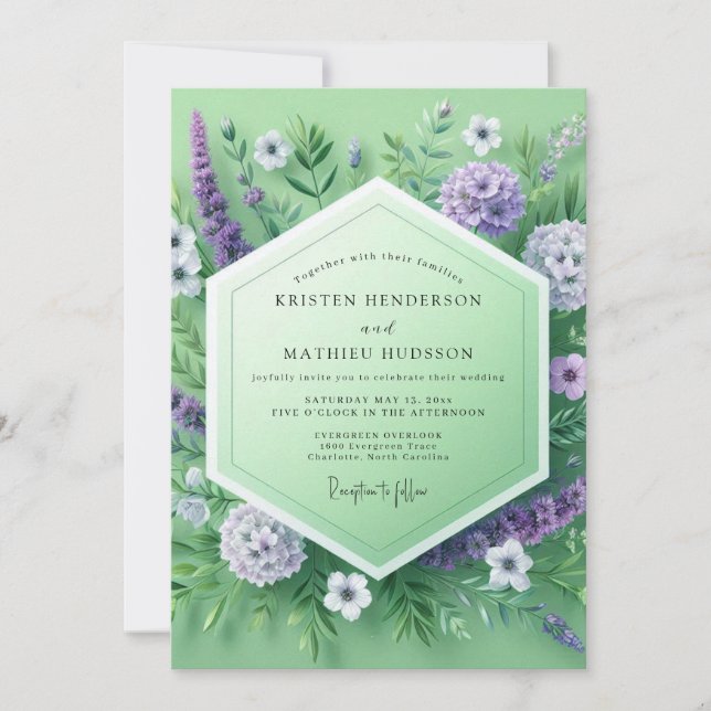 Convites Casamento no Prado Floral Verde Menta (Frente)
