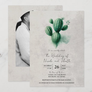 Convites Casamento no Sudoeste Cinza Cacto Verde Aquarela