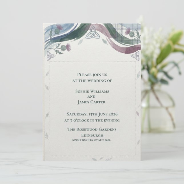 Convites Casamento no Tartan do Cardo Celta Escocês (Em pé/Frente)