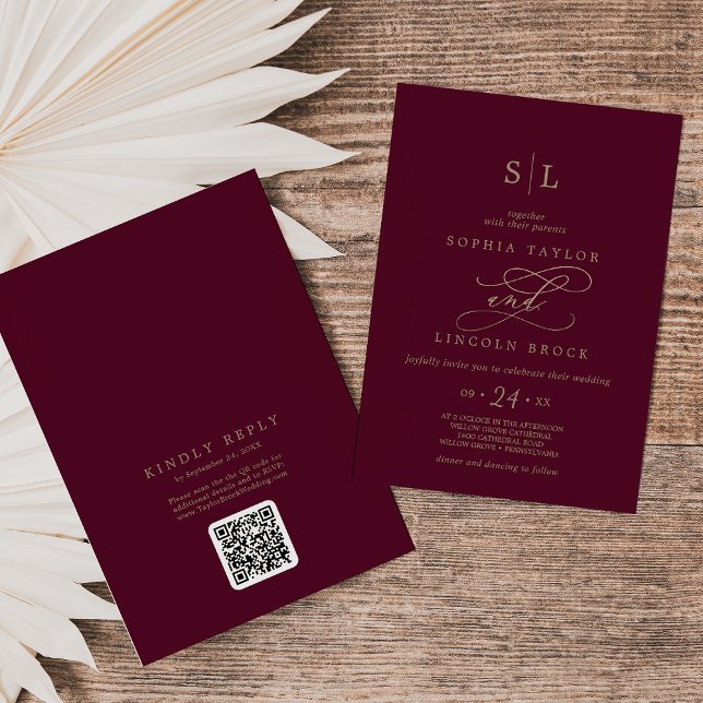 Convites Casamento no verso do código QR do monograma burgu (Romantic Burgundy Monogram QR Code Back Wedding Invitation)
