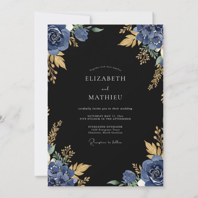 Convites Casamento Nobre Azul Naval à Meia-Noite (Frente)