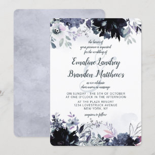 Convites Casamento Nocturno Floral Aquarela Azul Poeirento