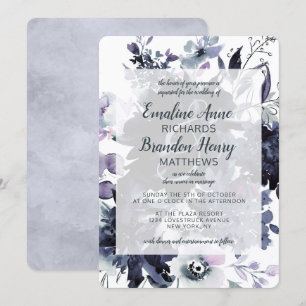 Convites Casamento Nocturno Floral Aquarela Azul Poeirento