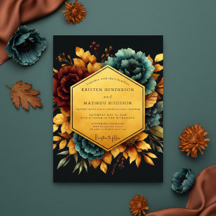 Convites Casamento Nocturno Floral em Burgundy e Turquesa