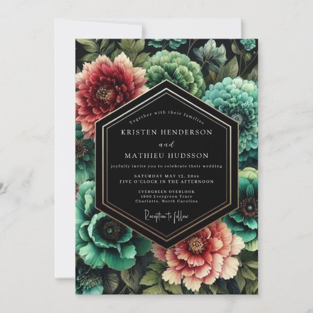 Convites Casamento Nocturno Floral Turquesa (Frente)