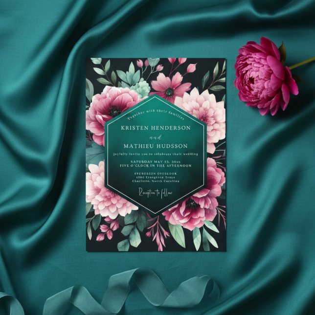 Convites Casamento Nocturno Floral Turquesa (Criador carregado)