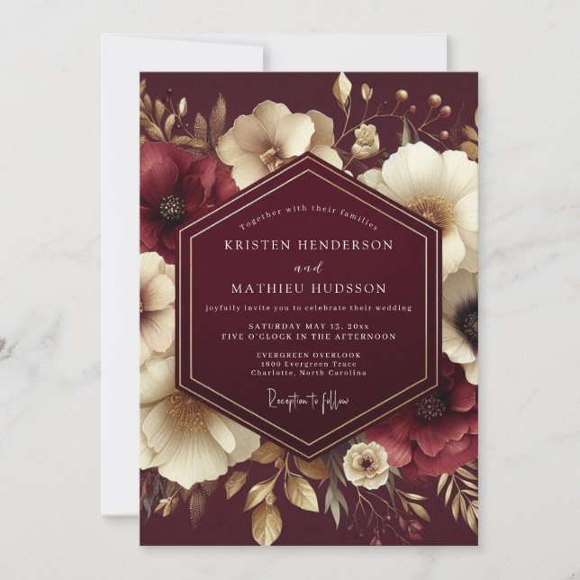 Convites Casamento Nocturno Marfim Borgonha (Frente)