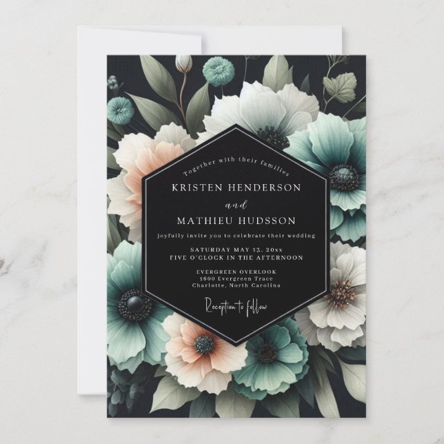 Convites Casamento Nocturno Teal Bloom (Frente)