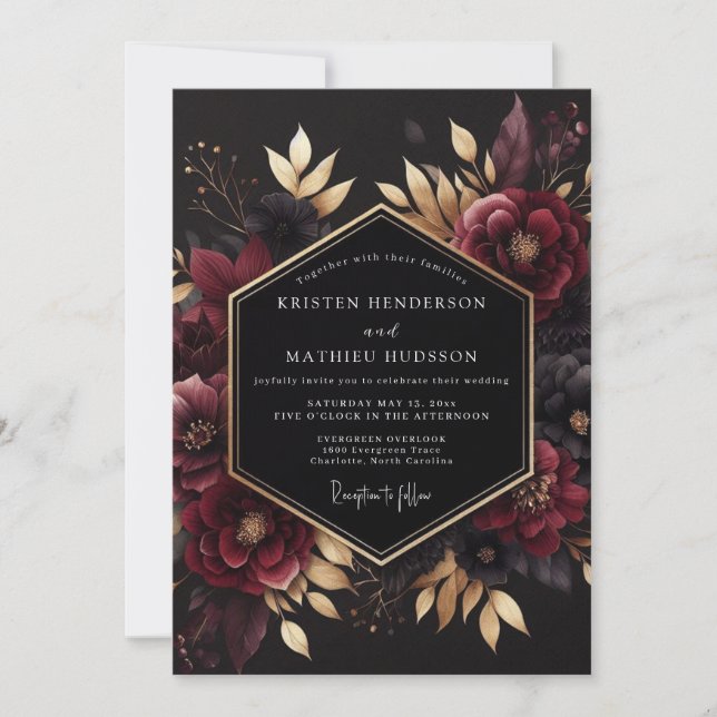 Convites Casamento Noir Dourado Borgonha (Frente)