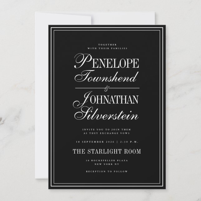 Convites Casamento Nomes em Serif Script Preto Branco Gótic (Frente)