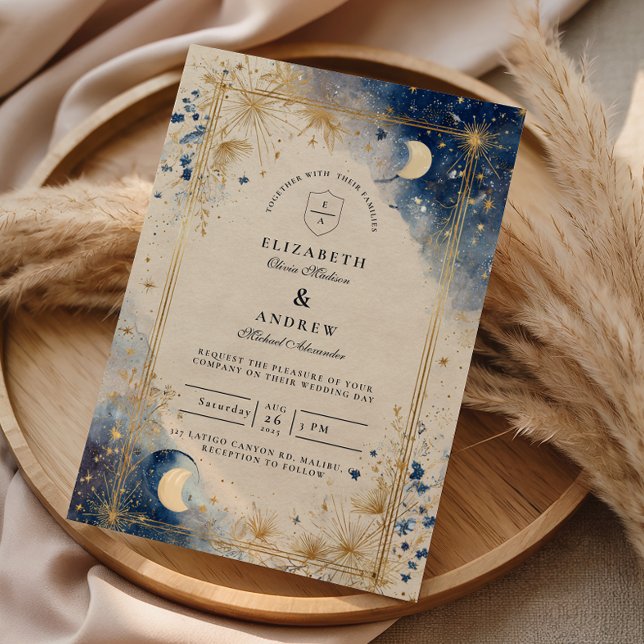 Convites Casamento Noturno Celestial Dourado (Criador carregado)