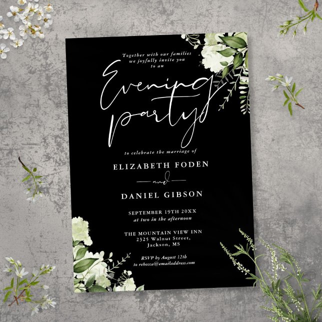 Convites Casamento Noturno com Vegetação em Preto e Branco (Greenery Black And White Wedding Evening Party Invitation)
