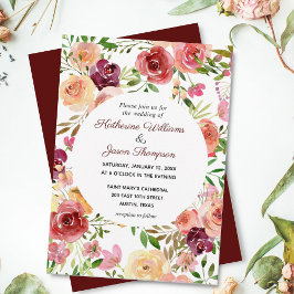Convites Casamento noturno de Elegante Burgundy Floral
