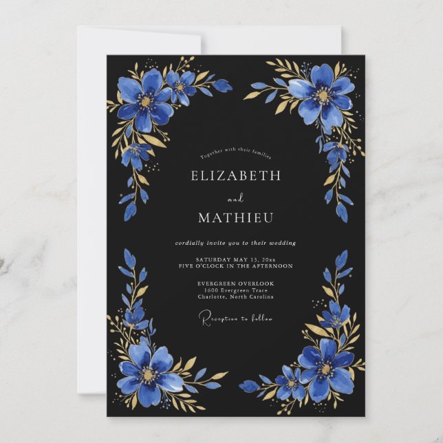Convites Casamento Noturno Dourado Azul Real (Frente)