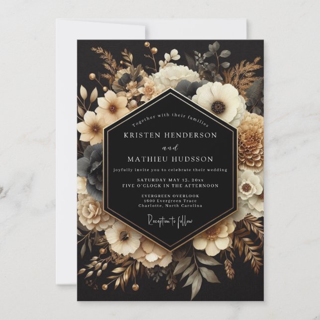 Convites Casamento Noturno Dourado Carvão (Frente)