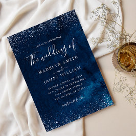 Convites Casamento Noturno Estrelado com Brilho Prata Azul-