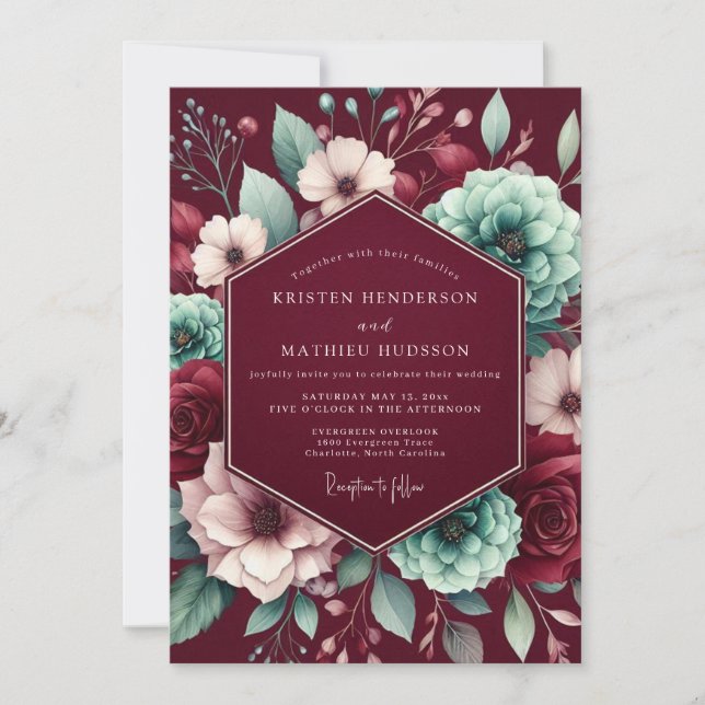 Convites Casamento Noturno Floral Borgonha (Frente)
