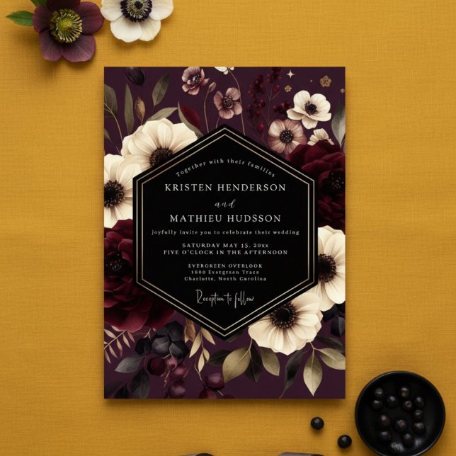 Convites Casamento Noturno Floral Borgonha (Criador carregado)