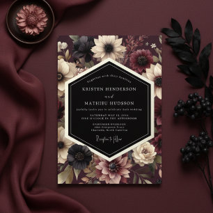 Convites Casamento Noturno Floral Borgonha