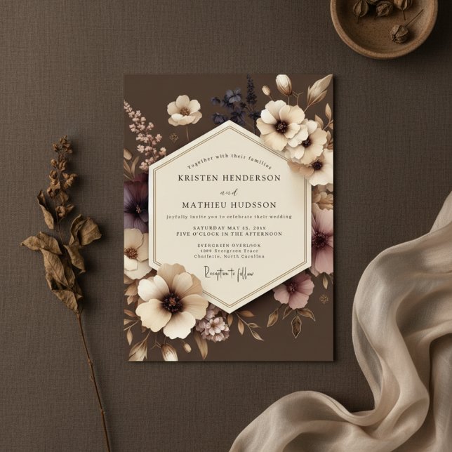 Convites Casamento Noturno Floral Marrom (Criador carregado)