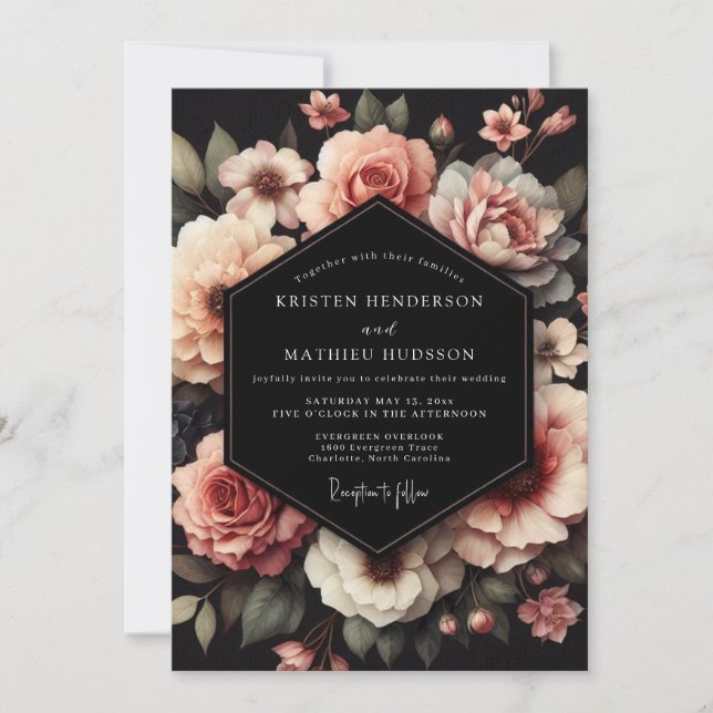 Convites Casamento Noturno Floral Rosado (Frente)