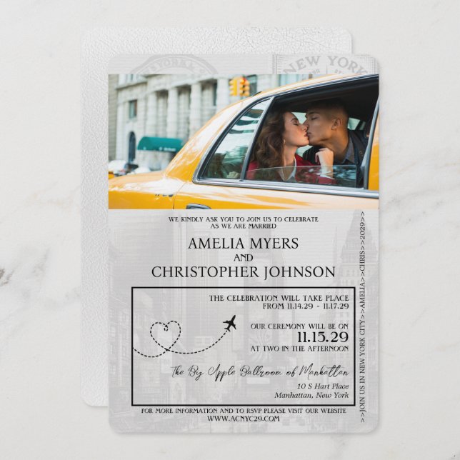 Convites Casamento Nova Iorque de Passaporte Branco (Frente/Verso)