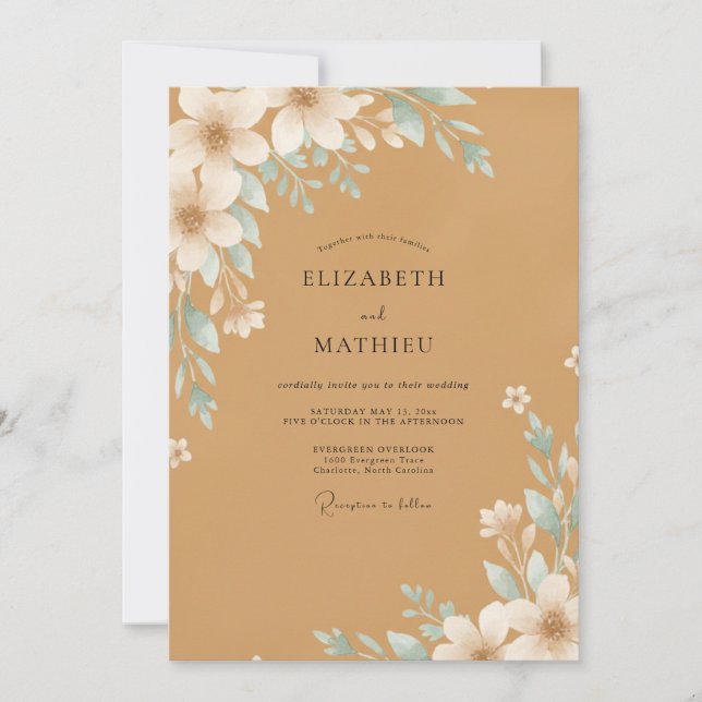 Convites Casamento Ochre Aqua Blossom (Frente)